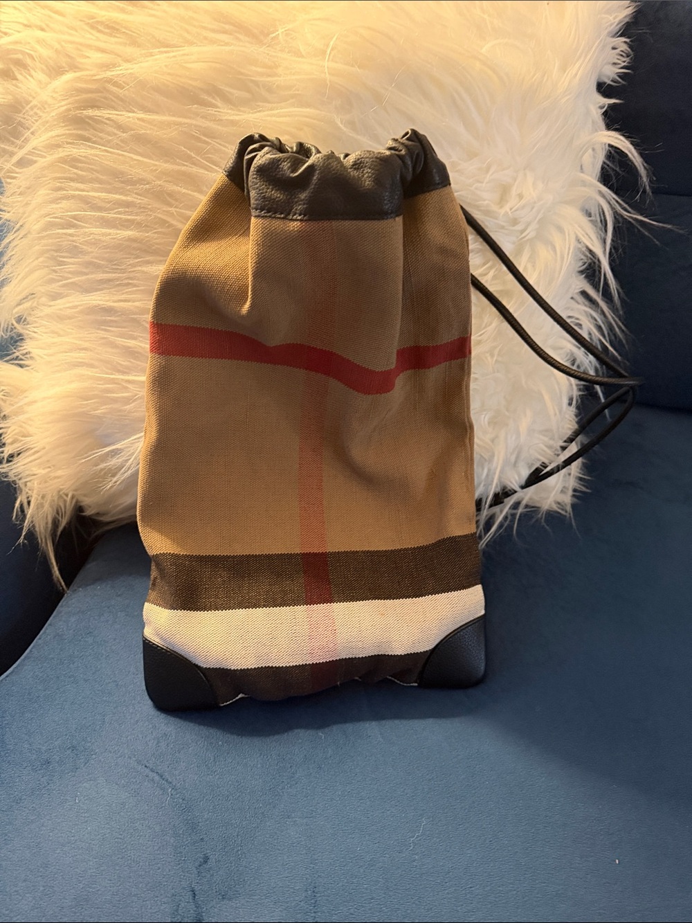 Burberry Tan Plaid Drawstring Backpack